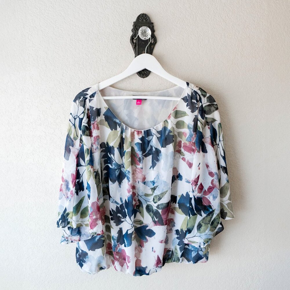 Vince Camuto Floral Blouson Top Size Large Watercolor Print Sheer Sleeve Blouse